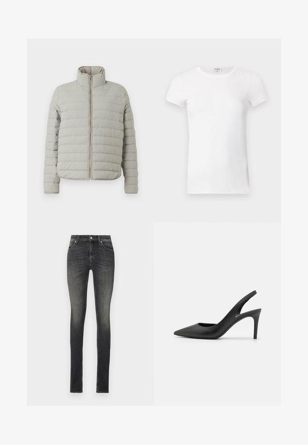 CLOSED QUILTED ZIP JACKET - Zimná bunda - mud grey; Biela rebrovaná tričko s krátkym rukávom a okrúhlym výstrihom. Tkanina vyzerá hladko s priliehavým strihom. Značková etiketa je viditeľná na golieri.; Chudé džínsy v tmavošedých džínsovinách, s stredne vysokým pásom, prednými vreckami a jemným zosvetlením pre textúrovaný vzhľad.; Čierne kožené slingback vysoké podpätky s dizajnom špicatých špičiek, s výrezom vpredu a tenkým stiletto podpätkom.