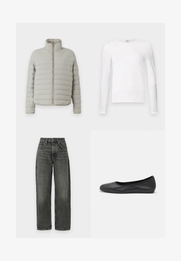 CLOSED QUILTED ZIP JACKET - Vinterjakker - mud grey; Hvid langærmet t-shirt lavet af blødt bomuld, med en rund halsudskæring og en slim fit design med rene sømme og uden synlige mønstre.; Won Hundred ALEXANDRA - Jeans Relaxed Fit - tinted black; Sort læderballetsko med rund tå, glat tekstur, minimal syning og et fleksibelt såldesign.