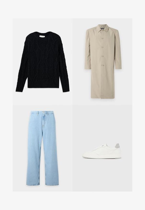 Beige trenchcoat gemaakt van een gladde, lichte stof. Heeft een kraag, een knoopsluiting aan de voorkant en lange mouwen met een rechte snit.; Donker marineblauwe kabelgebreide trui met een ronde hals, een gestructureerd patroon en geribde zoom en mouwen. Gemaakt van een dik textielmateriaal.; Lichtblauwe jeans met hoge taille en wijde pijpen, voorzien van riemlussen, knoopsluiting aan de voorkant en ritssluiting, getoond op een effen lichte achtergrond.; Witte lage sneaker met grijze hielpatch, witte veters en een gestructureerde zool, gepresenteerd op een effen lichte achtergrond.