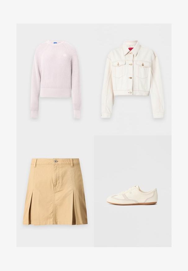 Veste en denim blanche courte avec manches longues, poches à rabat sur la poitrine, coutures contrastantes et fermetures à boutons dorés.; Pull court rose clair avec texture côtelée, encolure ronde et manches longues. Présente un petit logo sur la poitrine.; Jupe beige longueur genou avec passants de ceinture, fermeture à boutons sur le devant, deux plis avant et coutures visibles sur fond uni.; Baskets couleur crème avec une tige en daim et tissu, un bout arrondi, et une semelle en caoutchouc avec un détail accent beige. Fermeture à lacets.