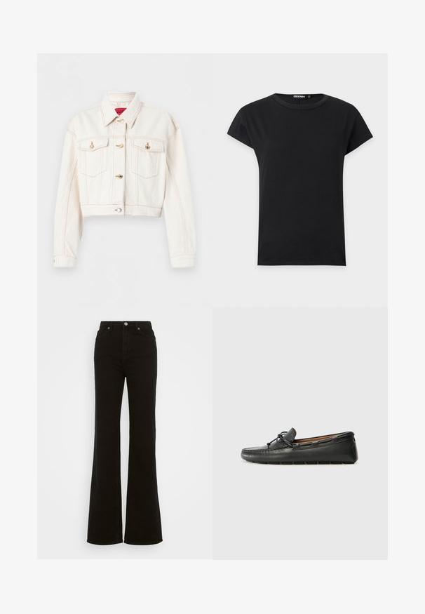 Weiße, kürzere Jeansjacke mit langen Ärmeln, Brustklappentaschen, Kontrastnähten und goldfarbenen Knopfverschlüssen.; Schwarzes T-Shirt mit kurzen Ärmeln und Rundhalsausschnitt, einfachem Design und kleinem "DENIM"-Label innen im Kragen.; Hoch taillierte schwarze Schlagjeans aus Denim, mit Knopfverschluss, seitlichen Taschen und glatter Textur.; Schwarze Lederbootsschuhe mit rundem Zehenbereich, gestickten Details, kleinem Schleifenakzent und Gummisohle. Glatte Textur und schlankes Design.