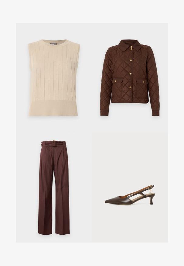 Veste matelassée marron avec motif losange, boutons-pression dorés, col pointu et deux poches avant à rabat avec fermetures à bouton.; Pull beige sans manches en maille avec un motif côtelé vertical et un ourlet large, comprenant un col rond.; Pantalon marron taille haute à jambes larges, devant plissé et ceinture assortie avec boucle rectangulaire en écaille.; Chaussure slingback en cuir marron à bout pointu avec un petit talon courbé et un petit charm doré sur la bride réglable à la cheville.