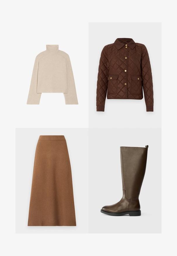 Brun quiltet jakke med diamantmønster, guldknapper med tryk, en spids krave og to forlommer med knaplukning.; Beige ribbet turtleneck sweater med lange ærmer og en tætsiddende design, der har en høj krave og et tekstureret strikkemønster.; Brun strikket midi-nederdel med ribbet linning og tekstureret mønster, der har en lige form og en let udvidet kant.; Brune læderknæstøvle med en glat tekstur, rund tå, lav sort hæl og en trækstrop øverst til nem påklædning.