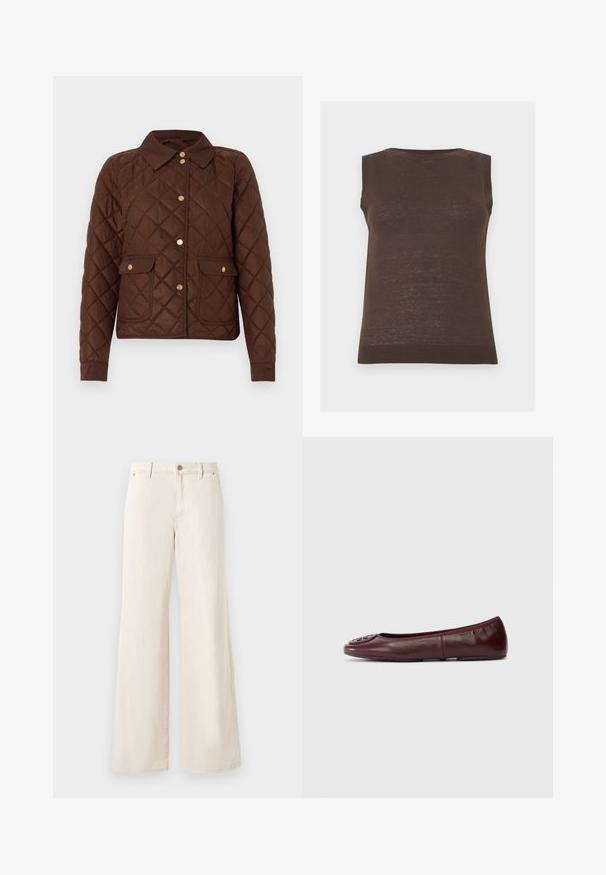 Brun quiltet jakke med diamantmønster, guldknapper med tryk, en spids krave og to forlommer med knaplukning.; Ærmeløs brun strikket sweatervest med ribkant ved halsudskæring, armhuler og kant.; Beige brede bukser lavet af bomuld med en glat tekstur. Har en knaplukning, forlommer og et klassisk taljedesign.; Bordeaux læderballetsko med rund tå og tekstureret logoaccent foran. Sømløst design og glat overflade. Flad sål.