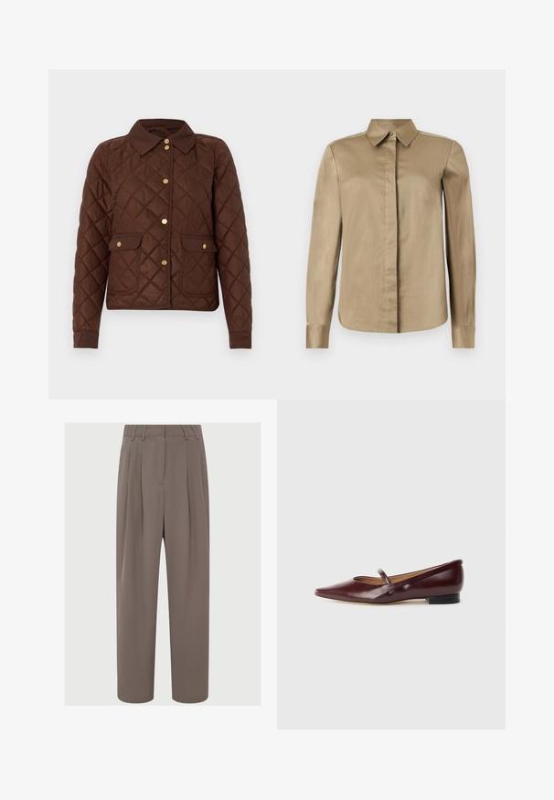 Brun quiltet jakke med diamantmønster, guldknapper med tryk, en spids krave og to forlommer med knaplukning.; Beige langærmet skjorte med knapper foran og spids krave, skjulte knapper foran, vist på en ensfarvet lys baggrund.; Brune plisserede bukser med høj talje, slankt stof, vidde ben-design og sidelommer, der har en glat og let tekstur.; Burgundyrød patenteret lædersko med spids tå og en dekorativ rem over vristen. Har en lav sort hæl.