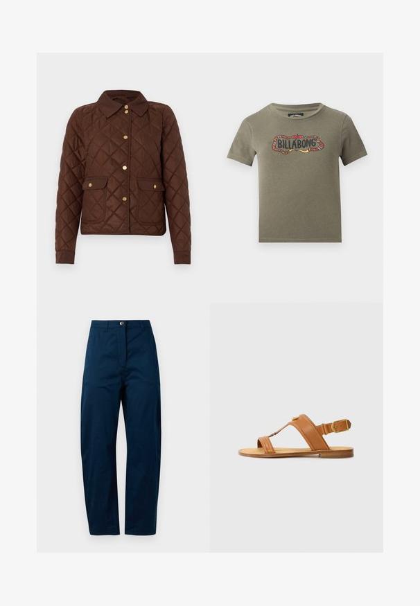 Chaqueta acolchada marrón con patrón de rombos, botones de presión dorados, cuello puntiagudo y dos bolsillos delanteros con solapas y cierre de botón.; Camiseta de manga corta verde oliva con un marco colorido y con estampado en forma de serpiente alrededor de la palabra "Billabong" en el pecho.; Pantalones azul marino con un diseño de pierna recta, que presentan un cierre frontal con botón, dos bolsillos laterales y un acabado de tela suave y texturizada.; Sandalias de cuero marrón con correa de tobillo ajustable, suela plana y tiras superiores cruzadas. Textura suave, diseño minimalista y acento de hardware dorado.