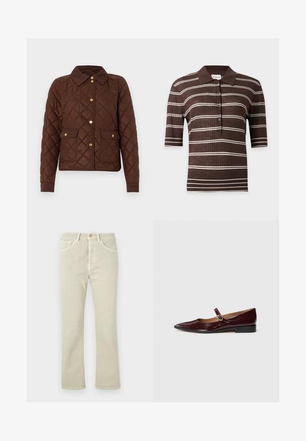 Veste matelassée marron avec motif losange, boutons-pression dorés, col pointu et deux poches avant à rabat avec fermetures à bouton.; Polo marron à manches courtes avec des rayures blanches horizontales et quatre boutons sur le devant sur un fond clair uni.; Jean droit beige clair avec fermeture à bouton, cinq poches et détails de couture discrets, fabriqué en tissu denim.; Ballerines en cuir verni bordeaux de type Mary Jane avec un bout pointu, un talon plat et une sangle décorative avec une boucle circulaire.