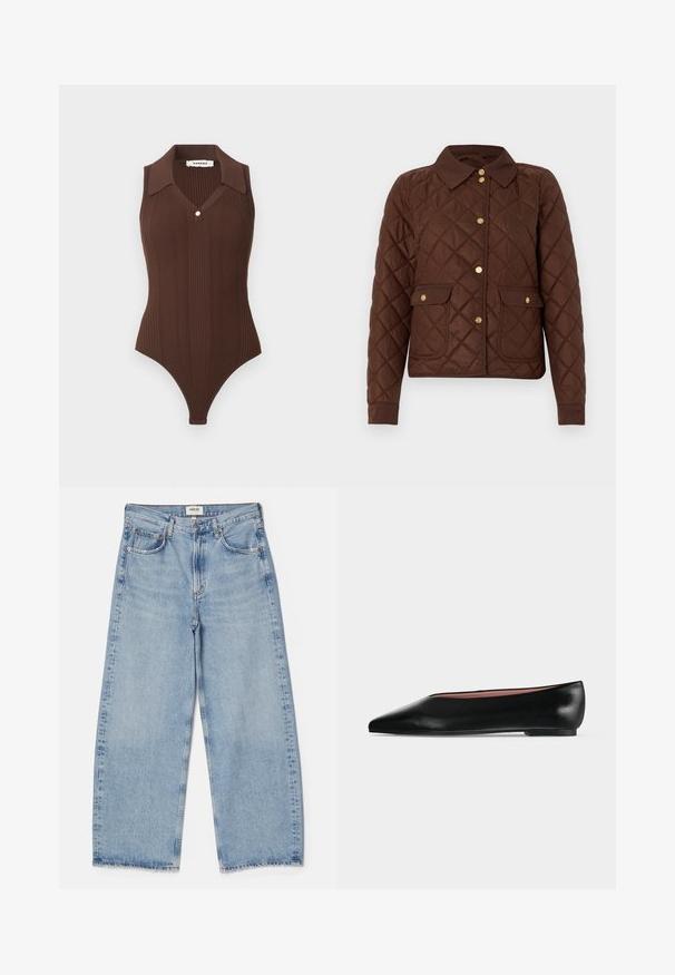 Veste matelassée marron avec motif losange, boutons-pression dorés, col pointu et deux poches avant à rabat avec fermetures à bouton.; Body marron sans manches à côtes avec col polo et un bouton doré au niveau du col en V, créé par Sandro, présenté sur un fond clair.; Agolde Jean baggy - light-blue denim; Chaussure plate en cuir noir pour femme, avec bout pointu et petit talon, vue de côté sur un fond gris clair uni.