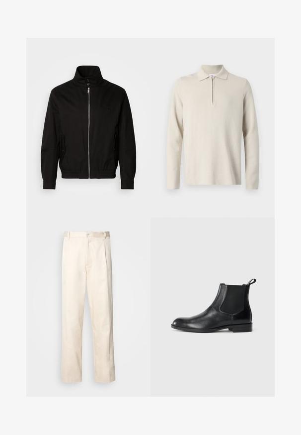 Veste noire avec un col haut, fermeture à glissière à l'avant, poches latérales, poignets élastiques et une taille ajustée. Présente un logo subtil sur la poitrine.; Polo à manches longues de couleur crème avec une fermeture éclair au col, fabriqué en tissu doux et texturé, avec une coupe classique et un design minimaliste.; Pantalon en coton beige avec une coupe droite, présentant une fermeture à bouton et des plis sur le devant pour plus de détails.; Bottine en cuir noir avec des panneaux latéraux élastiques, bout rond et tirette. Texture lisse, semelle plate, design minimaliste.