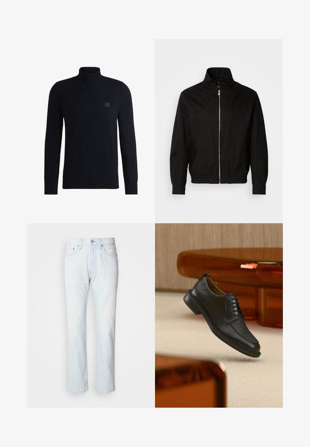 Veste noire avec un col haut, fermeture à glissière à l'avant, poches latérales, poignets élastiques et une taille ajustée. Présente un logo subtil sur la poitrine.; Pull en cachemire bleu marine, fabriqué en matière tricotée douce, avec des manches longues et un col côtelé. Comprend une étiquette de logo carrée sur la poitrine.; Jean en denim bleu clair avec une coupe droite. Présente une fermeture à bouton et des passants de ceinture, mettant en valeur une texture décolorée et des coutures minimalistes.; Chaussure habillée noire en cuir à lacets avec devant texturé, flottant au-dessus d'un tapis beige dans une pièce moderne avec des meubles teintés d'ambre.