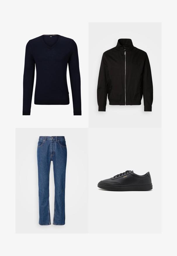 Veste noire avec un col haut, fermeture à glissière à l'avant, poches latérales, poignets élastiques et une taille ajustée. Présente un logo subtil sur la poitrine.; Pull-over en V bleu marine en tricot doux, avec des manches longues et des poignets et un ourlet côtelés. Comprend une étiquette avec le logo de la marque à l'intérieur de l'encolure.; Jean en denim bleu avec une coupe droite, un design à cinq poches et des coutures claires. Comprend une braguette zippée et une fermeture à bouton à l'avant.; Baskets en cuir noir avec une texture lisse, bout rond, semelle en caoutchouc plate et lacets ton sur ton. Présente une marque "BOSS" dorée sur le côté.