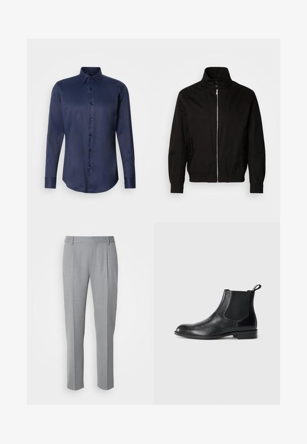 Chaqueta negra con cuello alto, cierre frontal de cremallera, bolsillos laterales, puños elásticos y una cintura ajustada. Presenta un logotipo sutil en el pecho.; Camisa de vestir de manga larga para hombre en azul marino, con cuello puntiagudo y cierre frontal de botones, presentada sobre un fondo blanco liso.; Pantalones grises a medida con una textura suave, que cuentan con un frente plano, piernas rectas y pliegues sutiles para un detalle adicional.; Botín negro de cuero hasta el tobillo con paneles elásticos a los lados, punta redondeada y lengüeta. Textura suave, suela plana, diseño minimalista.
