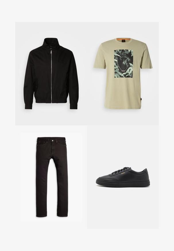 Veste noire avec un col haut, fermeture à glissière à l'avant, poches latérales, poignets élastiques et une taille ajustée. Présente un logo subtil sur la poitrine.; T-shirt vert olive en coton, arborant un graphisme de panthère noire entouré de feuillage. Le logo de la marque est intégré dans le design.; Jean slim noir avec cinq poches et fermeture à bouton, présenté à plat sur un fond blanc.; Baskets en cuir noir avec une texture lisse, bout rond, semelle en caoutchouc plate et lacets ton sur ton. Présente une marque "BOSS" dorée sur le côté.