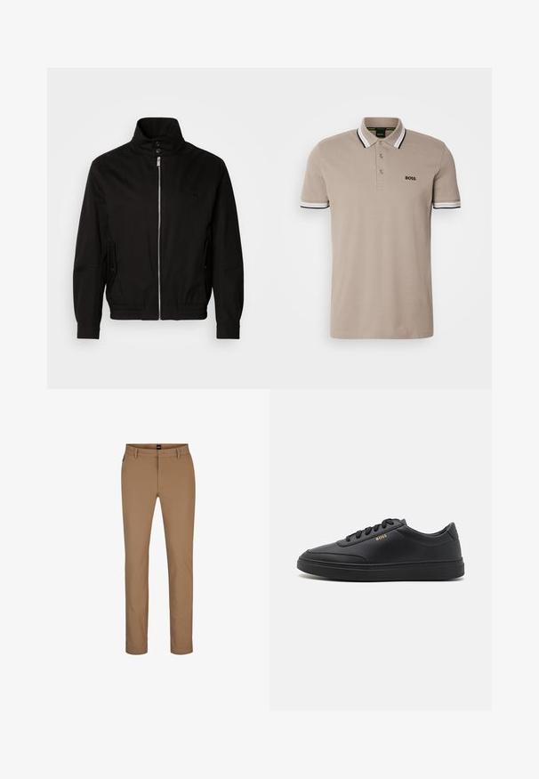 Veste noire avec un col haut, fermeture à glissière à l'avant, poches latérales, poignets élastiques et une taille ajustée. Présente un logo subtil sur la poitrine.; Polo beige avec un col classique, des manches courtes, et des finitions ornées d'accents noirs et blancs. Logo 'BOSS' brodé sur la poitrine.; Pantalon marron clair en mélange de coton avec une coupe droite, poches avant et fermeture éclair. Matériaux minimaux et sans motifs visibles.; Baskets en cuir noir avec une texture lisse, bout rond, semelle en caoutchouc plate et lacets ton sur ton. Présente une marque "BOSS" dorée sur le côté.