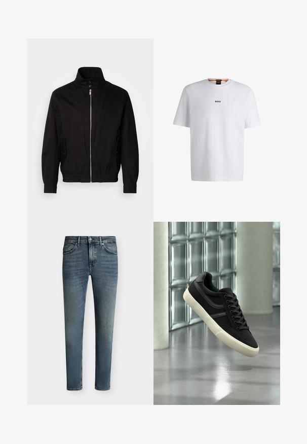 Schwarze Jacke mit hohem Kragen, Reißverschluss auf der Vorderseite, seitlichen Taschen, elastischen Bündchen und tailliertem Bund. Mit einem dezenten Logo auf der Brust.; Weißes Baumwoll-T-Shirt mit kurzen Ärmeln, ausgestattet mit einem schwarzen "BOSS"-Logo, das mittig auf der Brust platziert ist, und einem runden Halsausschnitt.; Blau ausgewaschene Slim-Fit-Jeans mit fünf Taschen und Knopf- und Reißverschluss auf einfarbigem Hintergrund.; Schwarzer Low-Top-Sneaker mit weißer Sohle und Schnürsenkeln, Marke "BOSS", schwebend im Innenraum nahe Glasbausteinfenstern und Betonpfeilern.