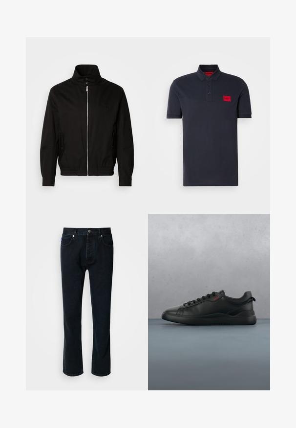 Black jacket with a high collar, zip front closure, side pockets, elastic cuffs, and a fitted waistband. Features a subtle logo on the chest.; Navy polo shirt made from cotton, featuring a three-button placket, ribbed collar and cuffs, with a red logo patch on the left chest.; HUGO JONAH - Straight leg jeans - dark blue; HUGO BLAKE - Trainers - black