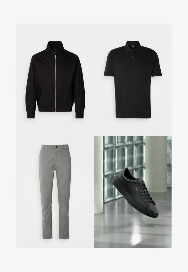 Veste noire avec un col haut, fermeture à glissière à l'avant, poches latérales, poignets élastiques et une taille ajustée. Présente un logo subtil sur la poitrine.; T-shirt polo noir en coton, avec un col classique, deux boutons et un logo brodé sur la poitrine. Manches courtes.; BOSS CHINO TAPERED - Chino - open grey; Baskets basses en cuir noir avec lacets noirs et logo BOSS doré sur le côté, flottant au-dessus d’un sol gris brillant dans un espace intérieur moderne.