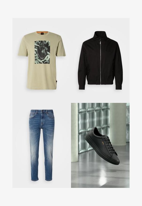 Chaqueta negra con cuello alto, cierre frontal de cremallera, bolsillos laterales, puños elásticos y una cintura ajustada. Presenta un logotipo sutil en el pecho.; Camiseta verde oliva de algodón, con un gráfico de pantera negra rodeado de follaje. Logo de la marca presente en el diseño.; Jeans de mezclilla azul con un diseño de pierna recta, ligero desgastado, estilo clásico de cinco bolsillos y cierre de cremallera con botón.; Zapatilla baja de piel negra con cordones negros y logo dorado BOSS en el lateral, flotando sobre un suelo gris brillante en un espacio interior moderno.