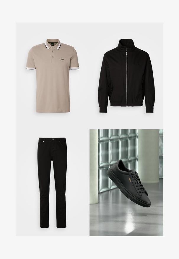 Veste noire avec un col haut, fermeture à glissière à l'avant, poches latérales, poignets élastiques et une taille ajustée. Présente un logo subtil sur la poitrine.; Polo beige avec un col classique, des manches courtes, et des finitions ornées d'accents noirs et blancs. Logo 'BOSS' brodé sur la poitrine.; Jeans noirs à jambe droite avec fermeture devant par bouton et fermeture éclair, poches avant et arrière, présentés sur un fond clair uni.; Baskets basses en cuir noir avec lacets noirs et logo BOSS doré sur le côté, flottant au-dessus d’un sol gris brillant dans un espace intérieur moderne.