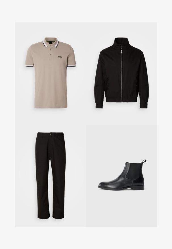 Mustmust, mille kõrge kaelus, tõmbluku esikinnitus, küljetaskud, elastsed mansetid ja liibuv vöökoht. Rinna peal on peene logo.; Beige polo särk klassikalise kraega, lühikeste varrukatega ja musta ja valge aktsendiga äärega. Rinna kohal tikitud 'BOSS' logo.; Mustad puuvillased püksid sirge lõikega, vöökohaga, esi tõmblukuga ja ühe nupuga sulgemisega. Sile tekstuur, ilma nähtavate mustriteta.; Must musta nahkjahi, millel on elastsed külgpaneelid, ümar varvas ja tõmbeaasa. Sile tekstuur, lame tald, minimalistlik disain.