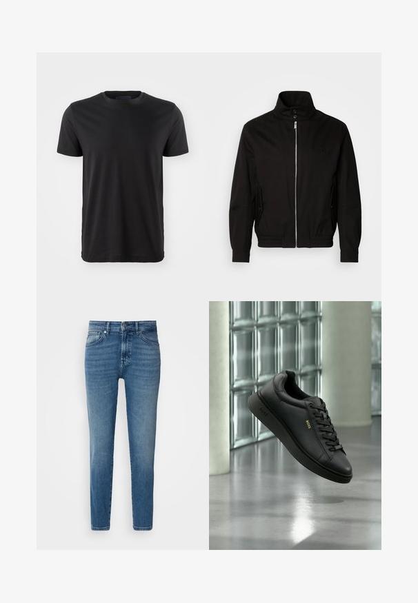 Čierna bunda s vysokým golierom, zipsovým uzáverom vpredu, bočnými vreckami, elastickými manžetami a priliehajúcim pásom. Obsahuje jemné logo na hrudi.; Čierne tričko s krátkym rukávom a okrúhlym výstrihom. Vyrobené z jemného materiálu, s klasickým strihom a jednoduchým dizajnom bez vzorov alebo grafiky.; Svetlomodré džínsy s rovnými nohavicami, tradičným dizajnom s piatimi vreckami, kovovým zapínaním na gombík a jemným vyblednutím na prednej strane.; Čierna kožená teniska BOSS s tkaničkami, ktorá sa vznáša vo vnútri pred stenou z sklenených blokov a na pozadí betónová podlaha.