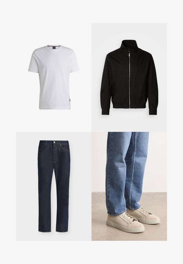 Schwarze Jacke mit hohem Kragen, Reißverschluss auf der Vorderseite, seitlichen Taschen, elastischen Bündchen und tailliertem Bund. Mit einem dezenten Logo auf der Brust.; Weißes T-Shirt mit kurzen Ärmeln aus Baumwolle. Besitzt einen Rundhalsausschnitt und ein dezentes Markenlabel an der Seite. Glatte Textur und einfaches Design.; Dunkelblaue Jeans mit geradem Bein, vorne mit Knopf- und Reißverschluss, Gürtelschlaufen sowie Vorder- und Gesäßtaschen.; BOSS GARYTENN_SDHDEL - Sneaker low - natural ten