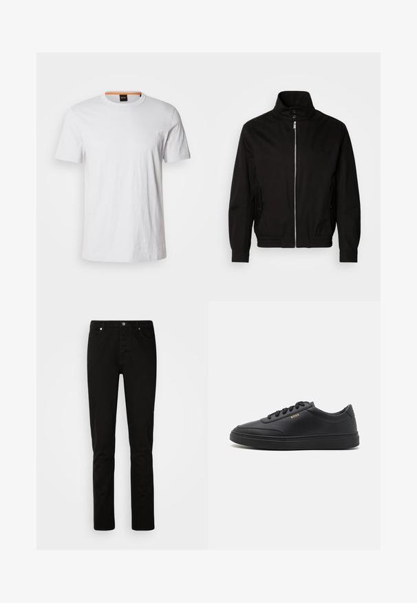 Veste noire avec un col haut, fermeture à glissière à l'avant, poches latérales, poignets élastiques et une taille ajustée. Présente un logo subtil sur la poitrine.; T-shirt blanc à manches courtes en coton doux, avec un col rond et un subtil détail de logo assorti en blanc sur le devant.; Jeans noirs à jambe droite avec fermeture devant par bouton et fermeture éclair, poches avant et arrière, présentés sur un fond clair uni.; Baskets en cuir noir avec une texture lisse, bout rond, semelle en caoutchouc plate et lacets ton sur ton. Présente une marque "BOSS" dorée sur le côté.