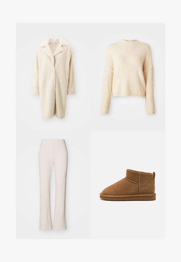 Manteau en fausse fourrure crème, duveteux, avec un grand col, une ouverture à l'avant et des manches trois-quarts. Il possède deux poches latérales et une coupe décontractée.; Pull en tricot couleur crème avec des poignets et un ourlet côtelés, présentant un design légèrement court et une coupe décontractée. Texture douce, sans motifs.; Pantalons tricotés côtelés crème avec une coupe évasée, dotés d'une taille haute et d'une texture lisse. Le tissu semble extensible et doux.; Bottines en daim marron avec un bout rond, tige courte et tirette au dos. Présente des coutures contrastées et une semelle en caoutchouc plate.