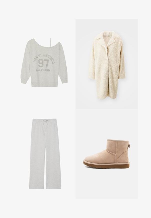 Cremefarvet, fluffy faux fur frakke med en stor krave, åben front og trekvartærmer. Den har to sidelommer og en afslappet pasform.; Even&Odd Sweatshirt - mottled light grey; Lys grå træningsbukser i blød bomuldsblanding, med en vidde ben-design, elastisk talje med justerbar snor og uden lommer.; Beige ruskindsankelstøvle med rund tå, synlige sting og en tekstureret brun gummisål. Har en træksløjfe på bagsiden.