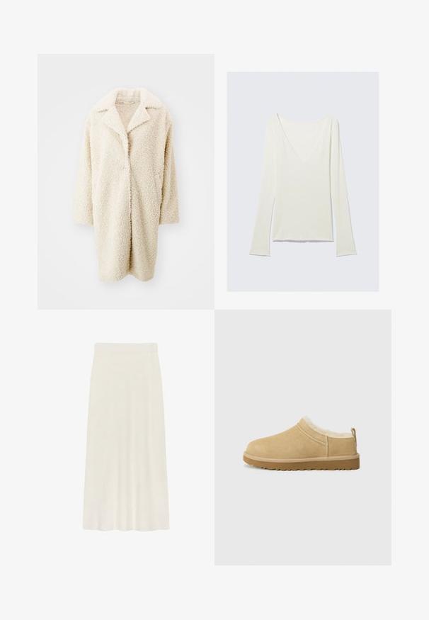 Manteau en fausse fourrure crème, duveteux, avec un grand col, une ouverture à l'avant et des manches trois-quarts. Il possède deux poches latérales et une coupe décontractée.; Haut blanc à manches longues ajustées avec un profond décolleté en V et des manches légèrement évasées, présenté sur un fond gris clair uni.; Une jupe crème, longueur genou, confectionnée dans un tissu doux, avec une texture lisse et une taille ajustée pour plus de confort.; Chaussure en daim à enfiler de couleur beige clair, dotée d'une douce doublure en fourrure et d'une semelle en caoutchouc texturé avec un léger talon et une sangle à l'arrière pour un enfilage facile.