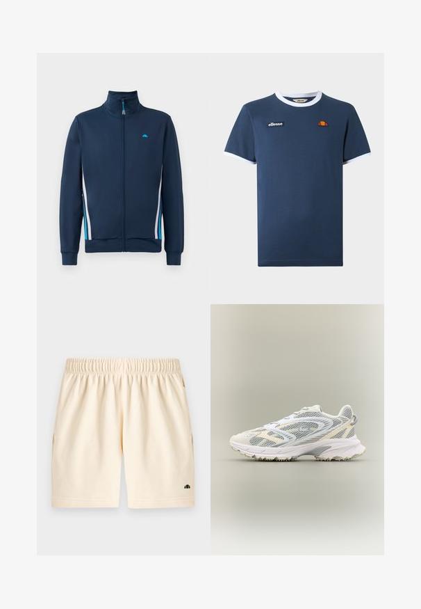 Veste zippée navy avec col montant, comportant des rayures latérales blanches et bleu clair ainsi qu'un petit logo sur la poitrine. Texture lisse et design ajusté.; T-shirt bleu marine à manches courtes avec bord blanc au col et aux manches, avec un écusson du logo ellesse et un petit emblème orange-rouge sur la poitrine.; Shorts de couleur crème avec ceinture élastique, poches latérales et un petit logo noir près de l'ourlet inférieur sur la jambe gauche.; Chaussure de sport blanche avec des panneaux en mesh gris, des superpositions texturées, un col rembourré et une semelle en caoutchouc dotée de petites pointes de traction.