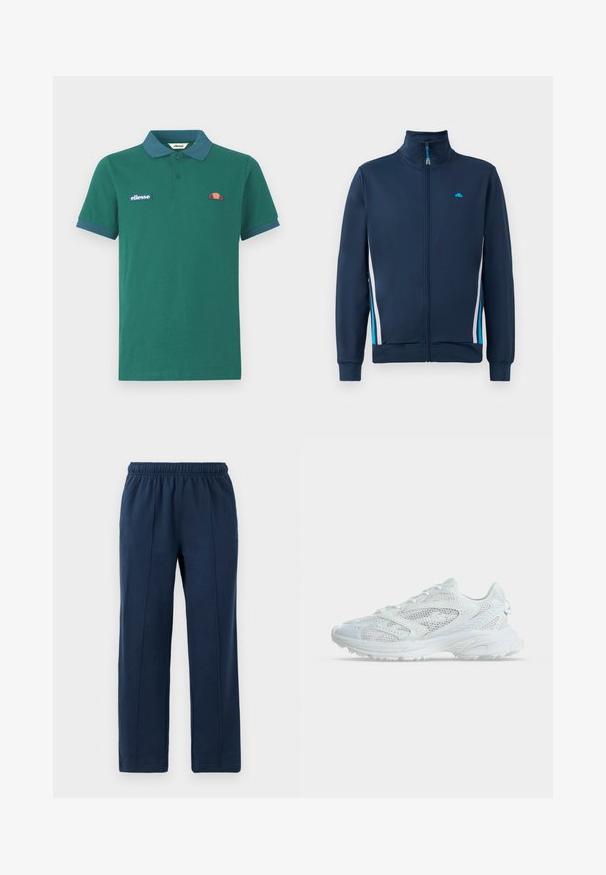 Marine-blå zip-jakke med høj krave, udstyret med hvide og lyseblå sidestreger samt et lille logo på brystet. Glat tekstur og tætsiddende design.; Grøn polo shirt lavet af bomuld med en kontrasterende blå krave og manchetter. Har et broderet logo og et lille farverigt design på brystet.; Marineblå bukser med elastisk talje og afslappet pasform. Har vertikale syninger og blød bomuldsstruktur.; Hvid atletisk sneaker med meshpaneler og tekstureret sål, vist fra siden på en ensartet lys baggrund.