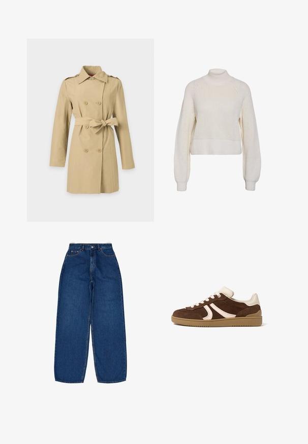Trench-coat beige croisé à manches longues, avec détails de boutons, épaulettes et ceinture nouée à la taille sur un fond uni.; Pull en tricot de couleur crème avec un col haut, de longues manches bouffantes et des poignets et un ourlet côtelés.; Jean bleu à jambe large en denim, avec une taille haute, des rivets en cuivre et un design classique à cinq poches avec des coutures visibles.; Baskets en daim brun avec accents crème, lacets blancs et semelle en caoutchouc gomme, vues de profil extérieur sur fond blanc.