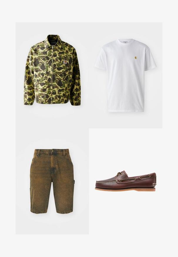 Chaqueta de camuflaje de algodón en tonos verdes y marrones. Presenta un cierre con cremallera, cuello y bolsillos laterales. Detalle de parche reflectante.; Camiseta de algodón blanca con mangas cortas, cuello redondo, que presenta un pequeño logo dorado en la parte izquierda del pecho. Textura suave y corte regular.; Pantalones cortos de mezclilla en un color marrón desgastado con una textura ligeramente desgastada. Cuenta con trabillas para el cinturón, bolsillos frontales y un bolsillo tipo cargo en el lateral.; Zapato náutico de cuero marrón con costuras blancas, detalles de cordones y suela de goma color coñac, mostrado de lado sobre un fondo blanco.