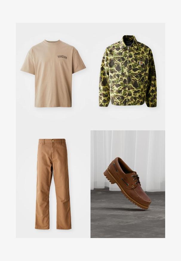 Camouflagejakke lavet af bomuld i grønne og brune nuancer. Har lynlås lukning, krave og sidelommer. Reflekslogo-patch detalje.; Beige bomulds-T-shirt med korte ærmer og rund hals. Har "DICKIES" printet i sort på venstre bryst. Klassisk pasform og glat tekstur.; Brune lige ben bukser med bæltestropper, forlommer, knaplukning og lynlåsgylp på hvid baggrund.; Brun læder bådsko med sorte snørebånd, beige syninger og en robust sål, hængende over en grå betongulv.