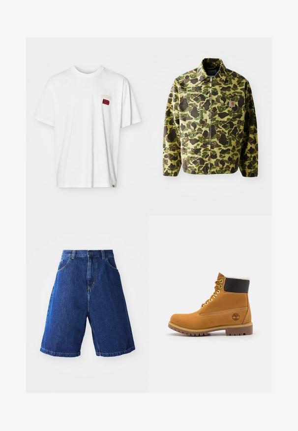 Camouflagejakke lavet af bomuld i grønne og brune nuancer. Har lynlås lukning, krave og sidelommer. Reflekslogo-patch detalje.; Hvid bomulds T-shirt med korte ærmer, prydet med et lille broderet logo i rød og gul nær venstre bryst. Rund halsudskæring og afslappet pasform.; Denimshorts med en blå vask, med en høj talje, to forlommer og gul syning langs sømmene.; Brune læder ankelstøvle med metaløjer, hvid pelsforing, sort polstret krave, robust sål og præget logo på siden.