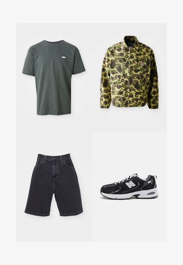 Camouflagejakke lavet af bomuld i grønne og brune nuancer. Har lynlås lukning, krave og sidelommer. Reflekslogo-patch detalje.; Mørkegrøn bomulds t-shirt med korte ærmer, rund hals, der har et lille hvidt "OBEY" logo på venstre brystområde.; Mørk denim shorts med høj talje, der har to forlommer, kontrasterende gul syning og en lige pasform med en afsluttet kant.; Sorte og grå sportssko med mesh og ruskind på overdelen, der har en hvid mellemsål, snørebånd og et iøjnefaldende "N" logo på siden.