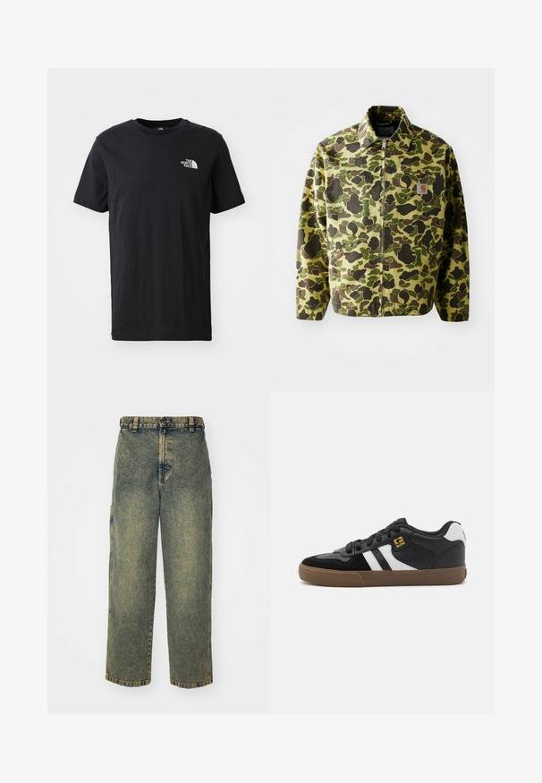 Camouflagejakke lavet af bomuld i grønne og brune nuancer. Har lynlås lukning, krave og sidelommer. Reflekslogo-patch detalje.; Sort bomulds t-shirt med korte ærmer, rund hals, med et lille hvidt logo på venstre bryst. Blød tekstur, afslappet pasform.; Slidse denim jeans i en falmet blå og grøn vask. Har en knaplukning, bælteløkker og sidelommer. Flad front og lige ben-design.; Sorte og hvide sneakers med overdel i ruskind og læder, der har hvide striber, sorte snørebånd og en brun gummisål. Guld logo detaljer.