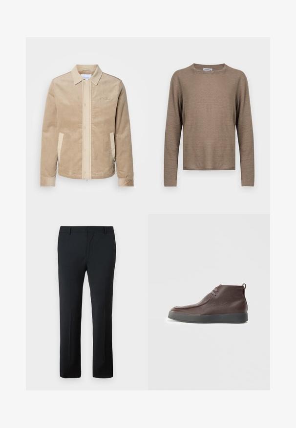 Beige Cordjacke aus Cord mit tanfarbenen Details an der Front, dem Kragen und den Taschen. Verfügt über eine Knopfverschluss und gerippte Bündchen. Subtile Markenkennzeichnung auf der Brust.; Braunes langärmeliges T-Shirt mit Rundhalsausschnitt und schlanker Passform, flach liegend vor weißem Hintergrund dargestellt.; Schwarze maßgeschneiderte Hosen mit glatter Textur, geradem Bein, sicherem Bund und ohne sichtbare Muster oder Verzierungen.; Braune Leder-Ankle-Boots mit strukturierter Oberfläche, weichem, abgerundetem Zehenbereich und grauer Gummisohle, ausgestattet mit zwei Ösen für Schnürsenkel.