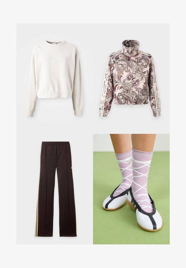 Hele-roosa lukuga jope kõrge kaelusega, keeruka paisley mustriga pruunides ja hallides toonides ning valgete kolmiktriipudega varruka külgedel.; Kreemjas värvis lühike sweatshirt, mis on valmistatud pehmest kangast, ümarate kaeluste ja pikkade varrukatega ning mille rinnal on tikandiga logo.; Mustad dressipüksid kollaste küljeribadega, elastse vöökohaga, küljetaskud lukuga ja väike logo reie ülaosas.; Jalgu ribaga lillasid punutud sokid valgete ristikkäiste rihmadega ning valgete tantsujalatsitega musta äärtega rohelisel põrandal.