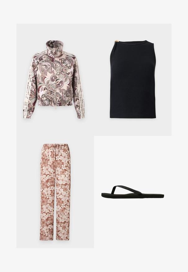 Veste zippée rose clair avec col montant, motif paisley complexe en marrons et gris, et triple bandes blanches le long des manches.; Haut noir côtelé sans manches avec encolure ronde et petit détail de fermoir doré sur l'épaule gauche.; Pantalon marron à cordon avec un grand motif floral blanc et marron clair, coupe droite, présenté sur un fond blanc.; Tong noir avec une lanière texturée et une semelle plate. La lanière présente une légère brillance. Design simple, léger et forme flexible.