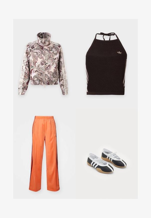 Lyserød jakke med lynlås og høj krave, med detaljeret paisley-mønster i brune og grå nuancer og hvide tredobbeltstriber langs ærmerne.; Sort mesh halter crop top med tekstureret design. Har pink accentstriber og en lille logo foran. Lukning med bånd bagpå.; Orange atletiske bukser lavet af glat stof, med bred ben-design, elastisk talje og kontrasterende sidelændere.; Sort-hvide sportsko med et slankt design, gummisål, snørebåndslukning og tre hvide striber på siden.