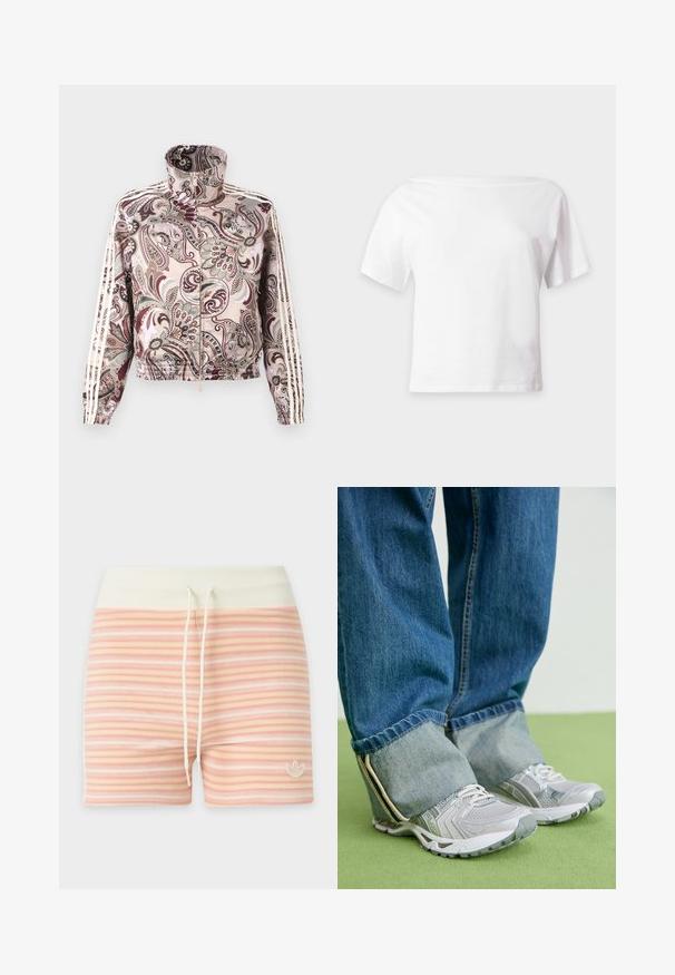 Chaqueta rosa claro con cremallera y cuello alto, con un elaborado estampado de cachemira en tonos marrones y grises, y tres franjas blancas a lo largo de las mangas.; Camiseta blanca de manga corta con escote amplio y bajo recto, mostrada sobre un fondo liso gris claro.; Pantalones cortos de rayas rosas y blancas con una cinturilla blanca ancha y cordón, con un pequeño logo de Adidas en la pierna izquierda.; Zapatillas deportivas grises con material de malla y acentos blancos, combinadas con jeans de denim azul que tienen los tobillos remangados.