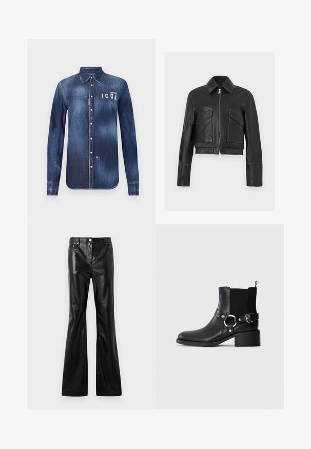 Sort læderjakke med lynlås foran, to klaplommer, krave og lange ærmer, vist mod en ensartet lys baggrund.; Denimskjorte i mørkeblå, med knap-ned design, bevaret slid, distressed detaljer og hvid "ICON" tekst på brystet.; Rabanne Loose-jeans - black; Sort læder ankelstøvle med sidespænde og ringdetalje, elastisk sideskærm, lav blokhæl og trækstrop på neutral baggrund.