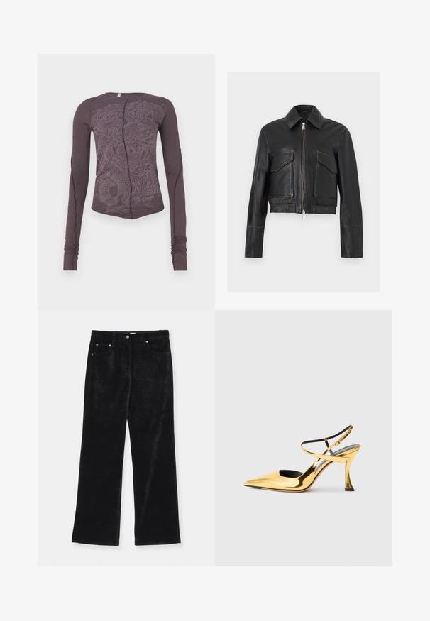 Sort læderjakke med lynlås foran, to klaplommer, krave og lange ærmer, vist mod en ensartet lys baggrund.; Langærmet top i mørk lilla stof med en tonet dragegrafik, slim fit, rund halsudskæring og sammenkrøllede ærmekanter.; Sorte fløjlsbukser med vide ben og blød tekstur, som har to frontlommer, fem bæltesløjfer og metalknapdetaljer.; Gyldne metalliske højhælede sko med spids tå, åben side, krydsede stropper omkring anklen og en unikt formet hæl.