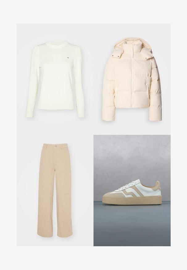 Lacoste BF3262_XFJ - Chaqueta de plumas - lapland; Suéter de color crema claro, textura de punto, cuello redondo, mangas largas, puños y dobladillo acanalados. Detalle sutil del logo en el pecho.; Pantalones de pierna ancha beige hechos de algodón. Presentan dos grandes bolsillos delanteros y un cierre de botón metálico en la cintura. Textura suave.; Zapatilla deportiva con parte superior de cuero color crema, detalles en marrón claro y suela de goma beige claro. Cuenta con cordones planos y detalles sutiles del logo en el lateral.