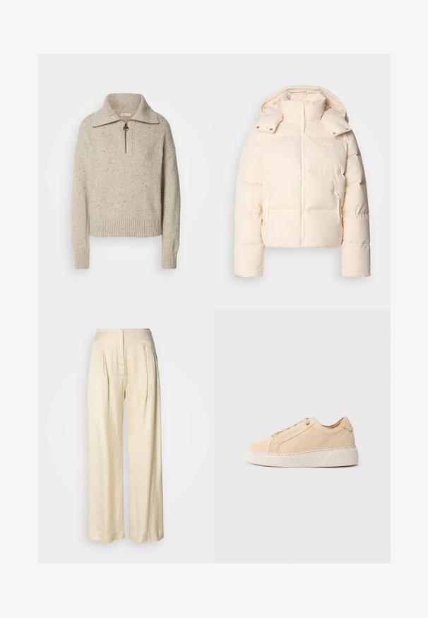 Lacoste BF3262_XFJ - Daunenjacke - lapland; Beige gestrickter Pullover mit hohem Kragen, Reißverschluss und gerippten Bündchen und Saum. Die Textur weist Stellen dunklerer Fasern auf.; Hohe Taille, cremefarbene Seidenhose mit Falten, weitem Bein und einem versteckten Reißverschluss vorne vor schlichtem weißem Hintergrund.; Beiger Wildledersneaker mit abgerundeter Spitze, tonalem Schritt und dicker weißer Gummisohle. Verfügt über flache Schnürsenkel und ein minimalistisches Design.