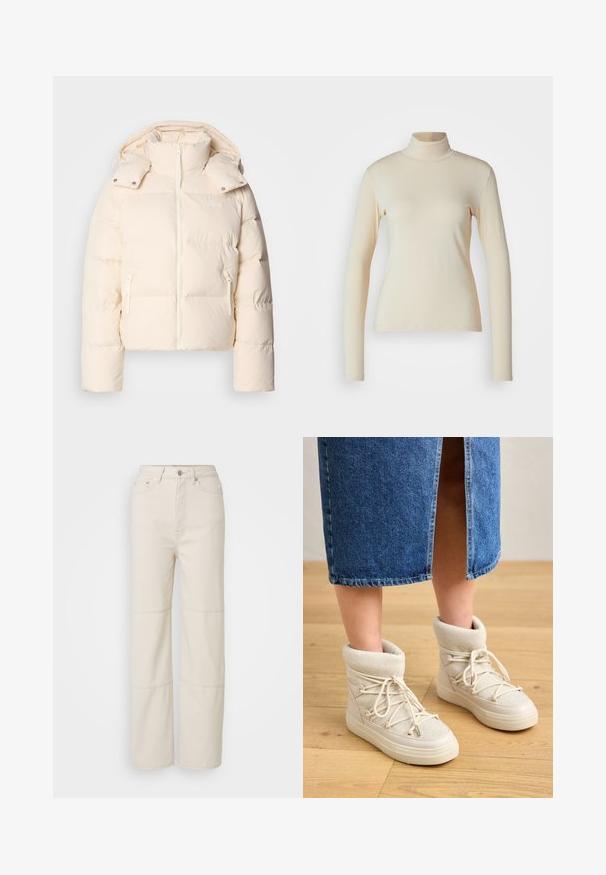 Lacoste BF3262_XFJ - Dunjakker - lapland; Cremefarvet langærmet turtleneck top lavet af glat, strækbart stof; tætsiddende design med høj hals og ingen synlige mønstre eller detaljer.; Lysebeige vide jeans lavet af bomuld. Har høj talje, frontlukning med knap og to vandrette søm accenter på benene.; Beige ankelstøvler med en blød, strikket kant og hvide snørebånd. Sålen er tyk og struktureret, parret med en blå denimnederdel.