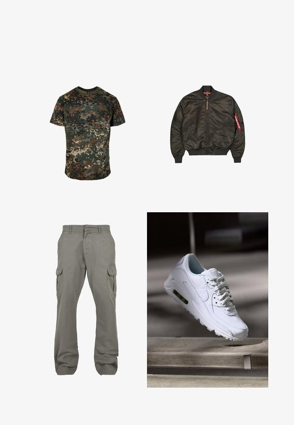 Alpha Industries MA-1 VF 59 - Chaquetas bomber - black olive; Camiseta de camuflaje hecha de algodón, con un estampado multicolor en verde, marrón y negro. Cuello redondo y mangas cortas.; Pantalones cargo gris claro de algodón, con dos bolsillos laterales, dos bolsillos cargo, diseño de pierna recta y cierre de cremallera.; Zapatilla blanca de piel con superficies texturizadas, cuello acolchado y amortiguación de aire visible en la suela. Presenta cordones y un diseño minimalista.