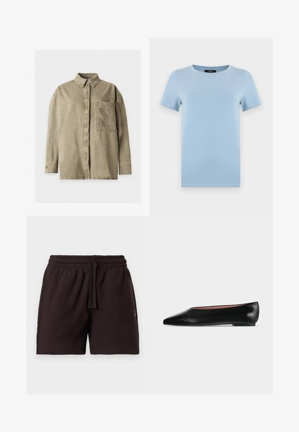 Chemise beige à manches longues avec boutons, col et une grande poche poitrine, présentée sur un fond blanc uni.; T-shirt bleu clair à manches courtes et col rond avec une couture simple, présenté sur un fond blanc.; Shorts à taille élastique noire avec cordon de serrage, devant plat et poches latérales, présentés sur un fond clair uni.; Chaussure plate en cuir noir pour femme, avec bout pointu et petit talon, vue de côté sur un fond gris clair uni.